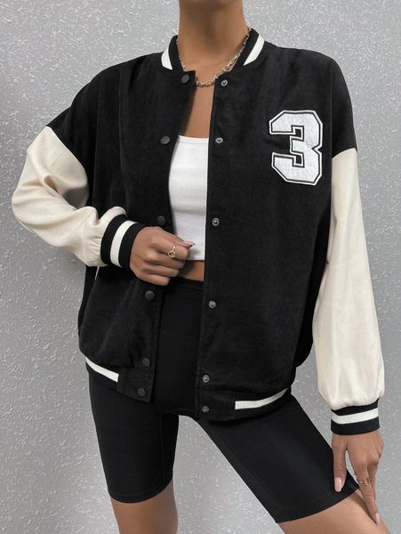 

letter patched striped trim drop shoulder bomber jacket v0ym#, Black;brown