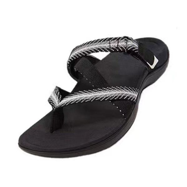 

flat arch correction flip-flops female ribbon round toe beach sandals female 2021 spring and summer new, Black