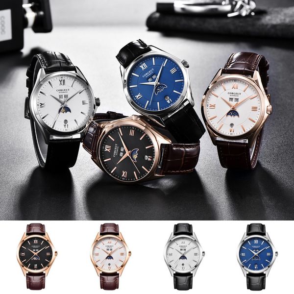

new corgeut 41mm moon phase leather men's wrist watch fashtion automatic mechanical wristwatches waterproof 316l stainless steel, Slivery;brown