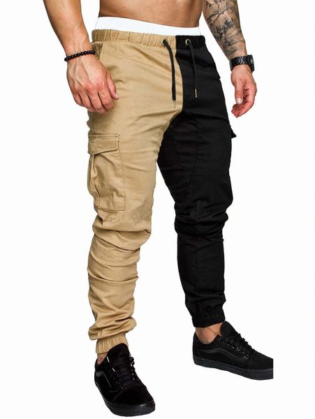 

men two tone drawstring waist cargo pants m848#, Black