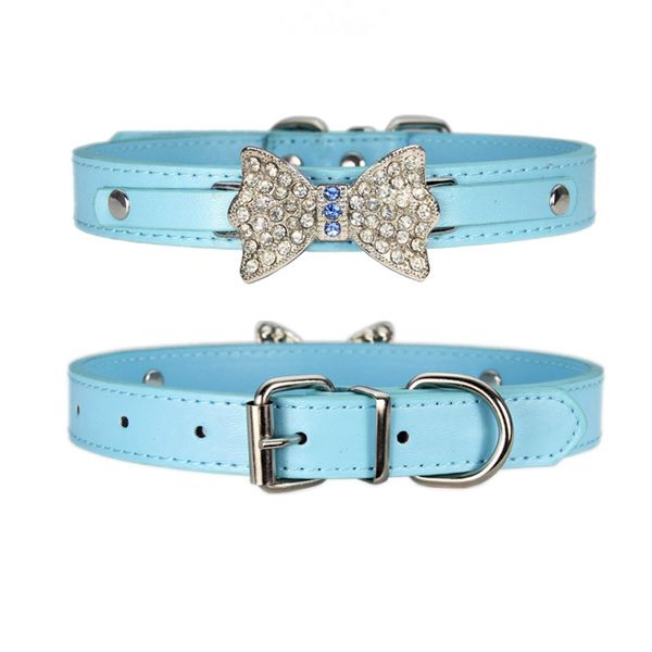 Colar de cachorro de couro PU com bling strass bow ajustável animais de estimação Colares para pequenos médios grandes cães filhote de cachorro animal de estimação suprimentos xxs-l wly bh4516