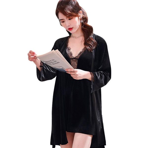 

cynthra robe set women's two-piece golden velvet charming lace suspender beauty back large size female nightdress nightgown, Black;red