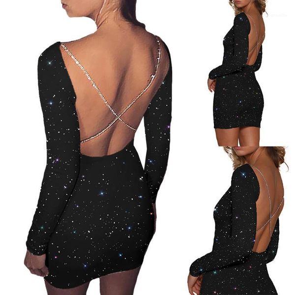 

women's backless dresses sequin long sleeve sheath club dress spring autumn fashion girls bling mini dress black1, Black;gray