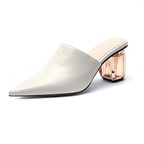 

genuine leather women mules 2021 summer pointed toe thick high heels sandals slingbacks party shoes woman heels1, Black