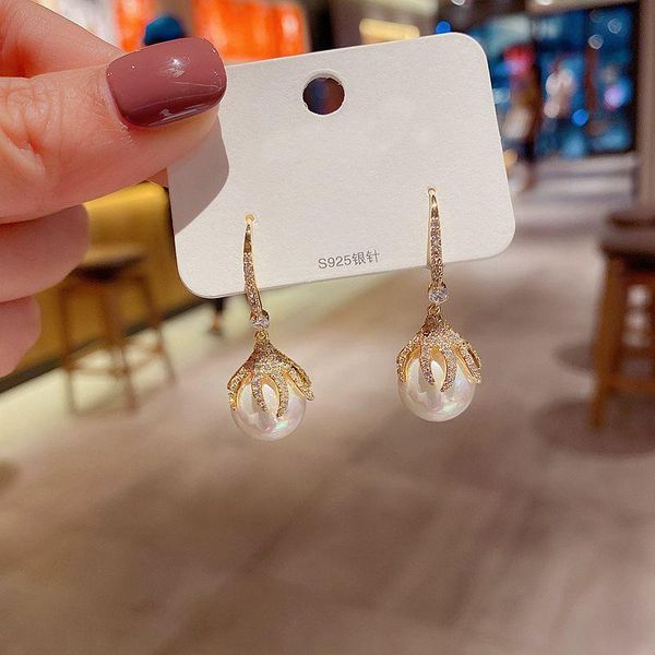 

high-end simulated pearl earrings for women gold color micro paved cubic zirconia dangle earrings gift jewelry, Silver