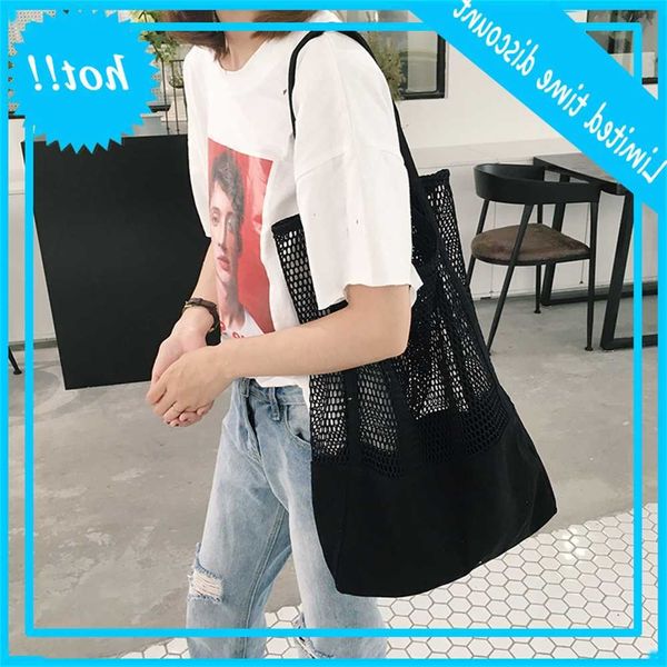 

canvas women's big one shoulder korean shopping portable mesh hollow beach bag