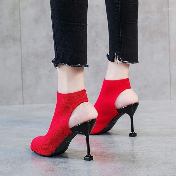 

sandals knitted elastic mesh peep toe high heel women summer shoes woman europe thin heels slip-on open female shoes1, Black