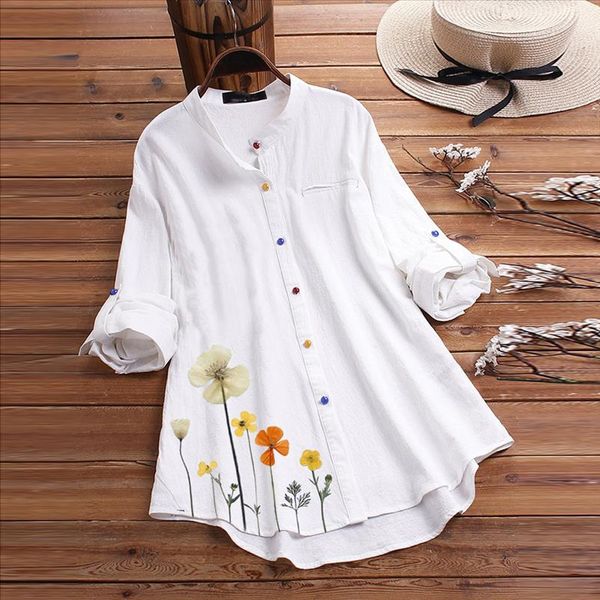

women vintage casual flower print clothes colorful button long sleeve shirt blouse cotton female spring plus size clothing, White