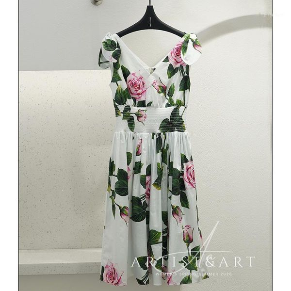 

svoryxiu 2020 runway custom summer cotton v-neck dress women's elastic waist hand painted rose flower print elegant party dress1, Black;gray
