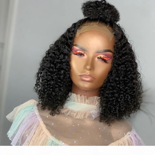 

4x4 kinky curly lace front human hair wigs brazilian remy pre-plucked human hair wig for black women short bob wig 150% density, Black;brown