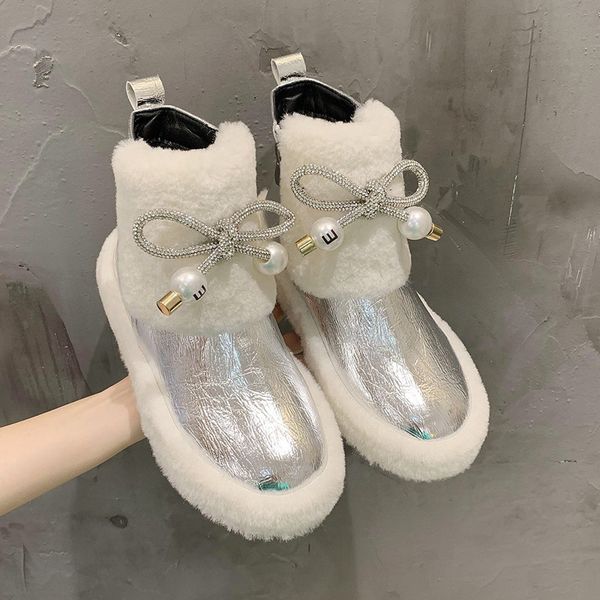 

bling crystal flat ankle for women fashion thick beading teddy shoes warm snow boots dwaterproof water woman, Black