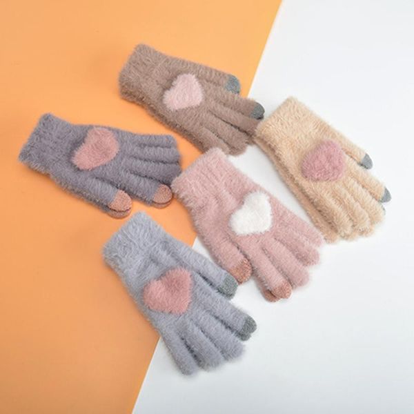 

five fingers gloves knitted mittens touch screen with pink heart winter soft warm anti-slip windproof cycling thermal, Blue;gray