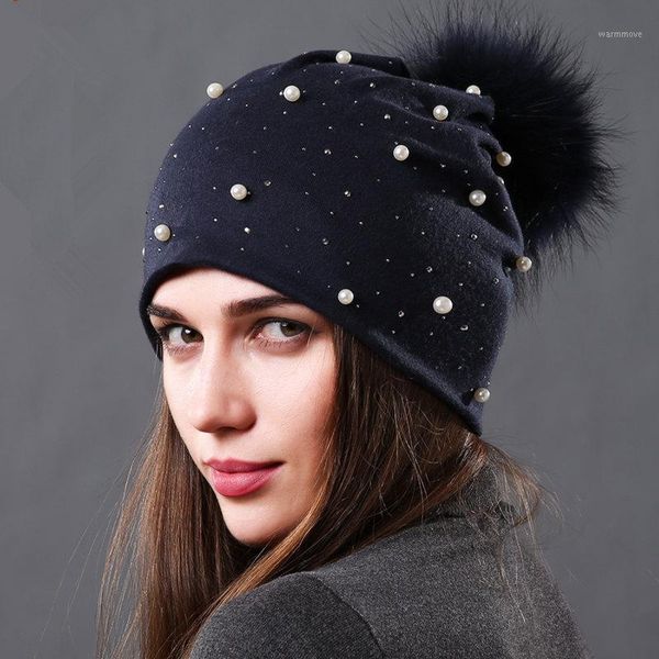 

Fall/winter flat-brimmed pullover hat double-layer warm cotton pearl hat raccoon fur ball knit1, Blue;gray