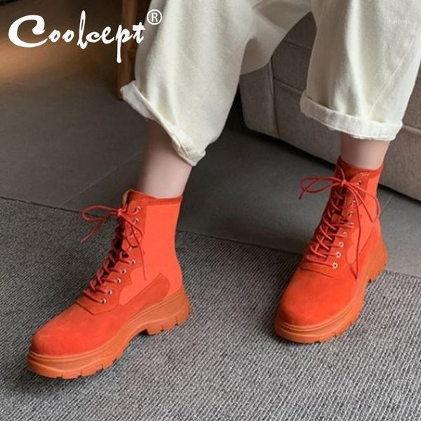 

coolcept women ankle boots fashion cross strap flats winter shoes woman round toe short boot casual daily footwear size 34-401, Black