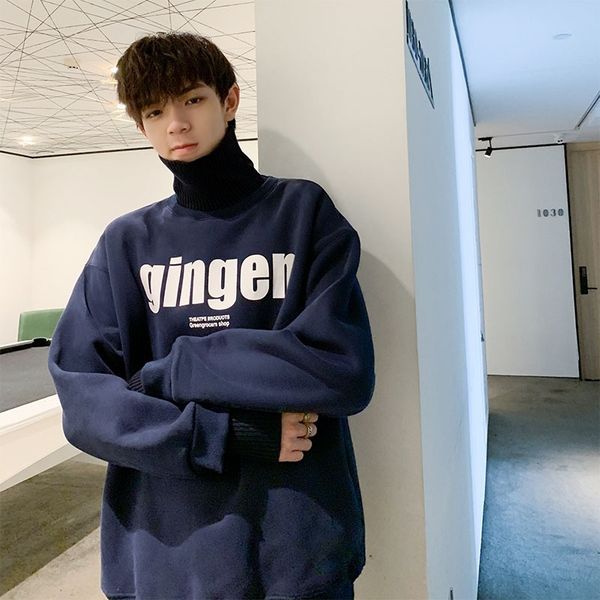 

winter high collar and plush sweater men's trend lovers fake two coats fashion brand ruffian fried street clothes, Black