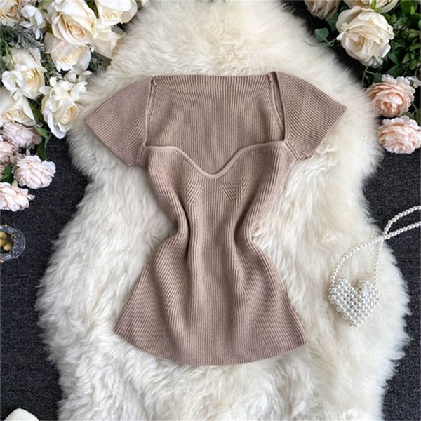 

2021 new net red basic knitted short-sleeved t-shirt goddess low-neck tight-fitting waist all-match solid color pullover mbdt, White