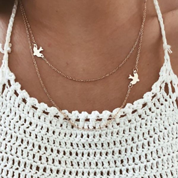 

brling new 2020 fashion ins vintage chain pendant choker double chain peace dove alloy necklace for women girls gifts party, Golden;silver
