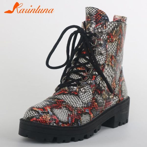 

karin 2020 winter big size 43 fashion ankle boots woman shoes shoelaces cool snake veins shoes women boots female, Black