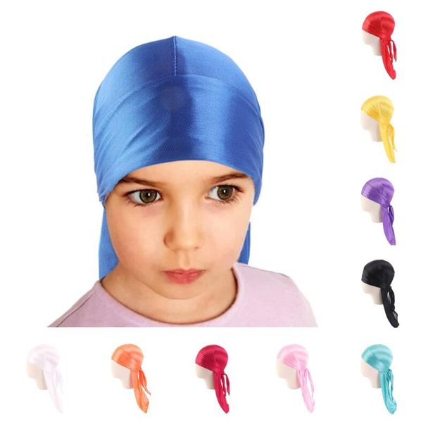 

kids silky durag headwrap satin long tail dorag durags turban boys girls silk cap headband wigs pirate hat headscarf children caps e112701, Yellow
