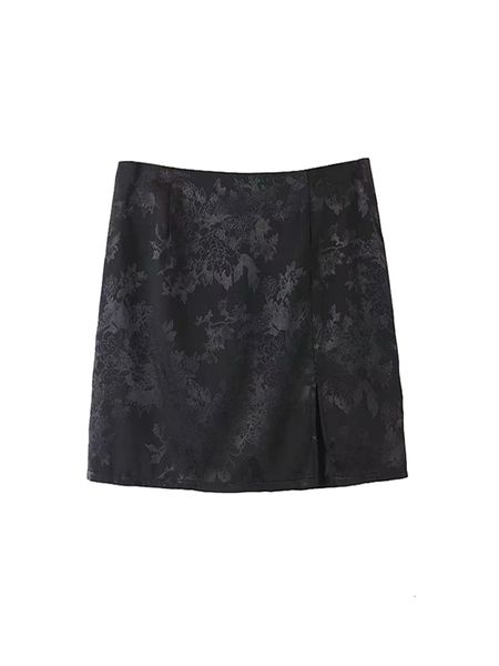 

2021 proprietary store recommended 3-color jacquard satin high waist strapped hip mini skirt chinese style cleavage women's skirts ptpl, Black