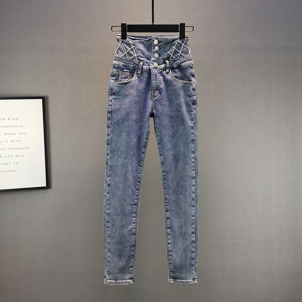 

fashion diamond pencil women's 2021 spring autumn new cotton elastic high waist slim jeans girls ny denim pants, Blue