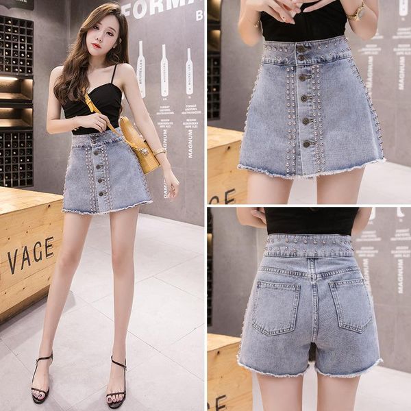 

women's jeans women high waist rivet button splice slim fit mini denim shorts skirts female streetwear punk washed skinny jean, Blue