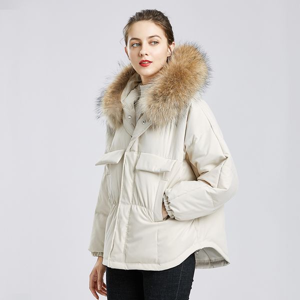 

fitaylor winter large real raccoon fur hooded short jacket women 90% white duck down coat parkas irregular warm snow outwear 201203, Black