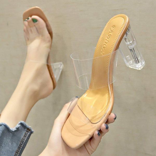 

slippers transparent high heels women square toe sandals summer shoes woman clear pumps wedding jelly buty damskie, Black