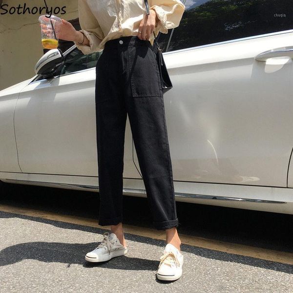 

women jeans harem straight loose ankle-length trousers high waist large pocket casual all-match trendy korean style chic elastic1, Blue