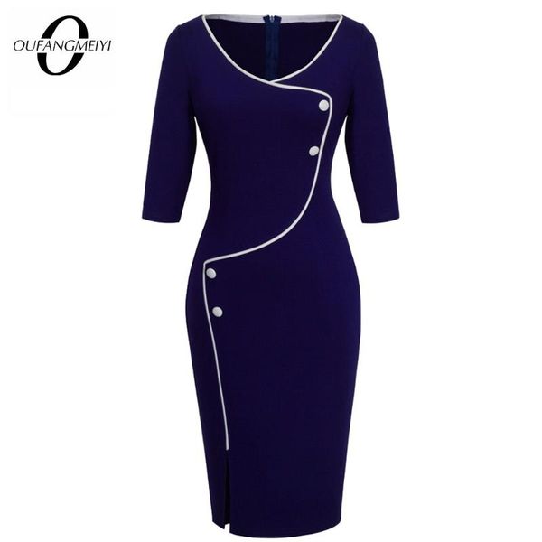 

women brief button elegant solid color retro round neck bodycon office lady dress eb329, Black;gray