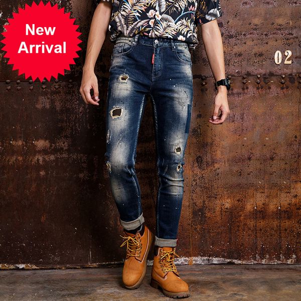 

2021 new fashion streetwear denim black men retro wash skinny fit ripped brim pants from men's hip designer jeans 8r7g, Blue