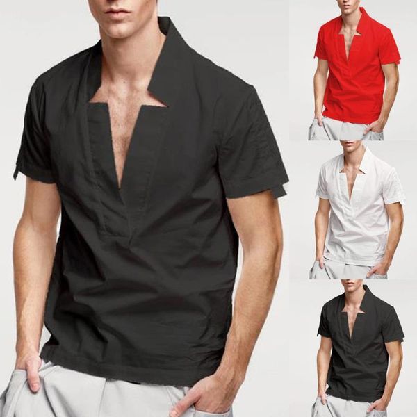 

men's casual shirts solid short sleeve with neckline men's shirt loose breathable pullover for men fashiona camisa masculina1, White;black