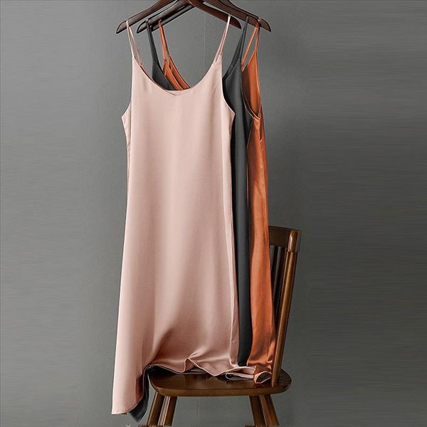 

fashion women v neck solid colors silk satin spaghetti straps dress casual sleeveless ladies slim party beach dress vestidos p3, Black;gray