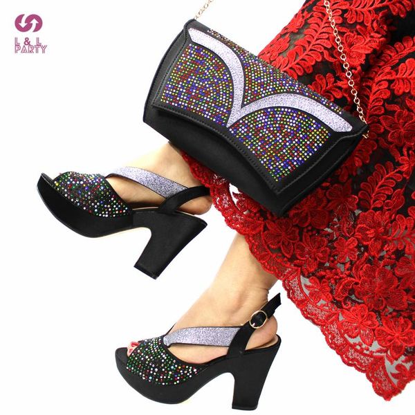 

popular african women shoes matching bag in black color for wedding special design mature ladies sandals with platform