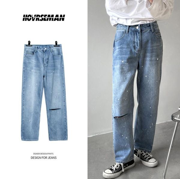 

men's jeans 2021 spring and autumn youth loose ripped paint printed cropped fashion casual straight pants, Blue