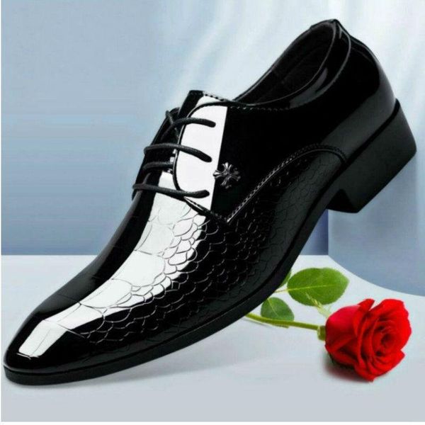 

spring 2020 new business formal men's shoes british lace-up large size casual snake pattern shiny pointed shoes mens dress1, Black