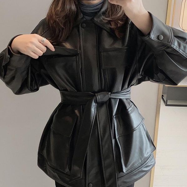 

women's leather & faux aibeauty elegant tie belt waist pockets buttons coats slim pu women jackets vintage motor biker, Black