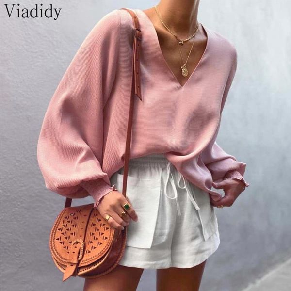 

women's blouses & shirts women lantern sleeve v neck pink blouse, White