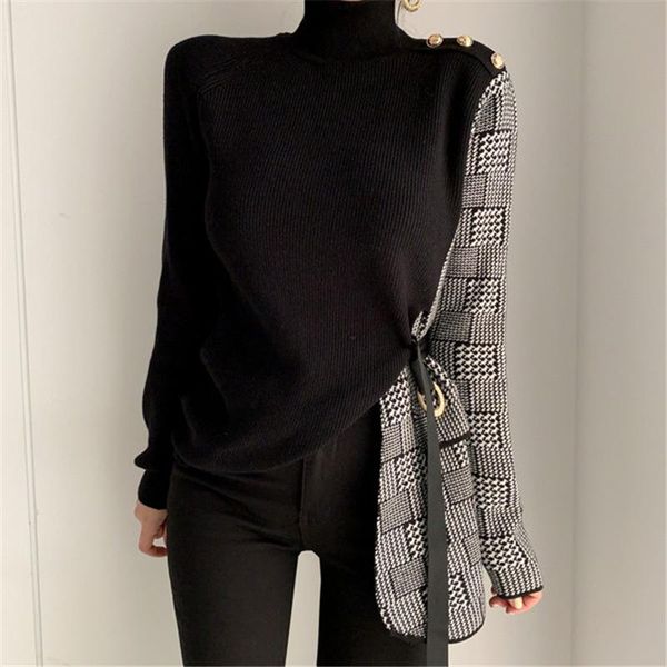 

women's stylish turtleneck sweaters solid black houndstooth patchwork mock neck sashes thicken knitting jumper autumn winter, White;black