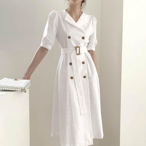 

casual dresses 2021 women summer dress vintage double breasted puff sleeve long one piece elegant lace up high waist midi lady, Black;gray