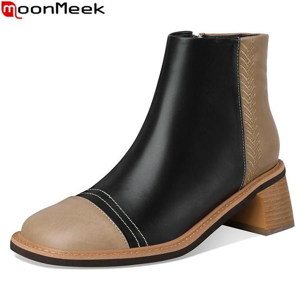 

boots moonmeek 2021 brand fashion women genuine leather thick heels square toe mixed colors ankle for woman, Black