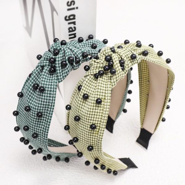 

korean new plaid beads headbands women wide side knotted hairband girl elegant wash face bandana 2021 fashion hair accessories