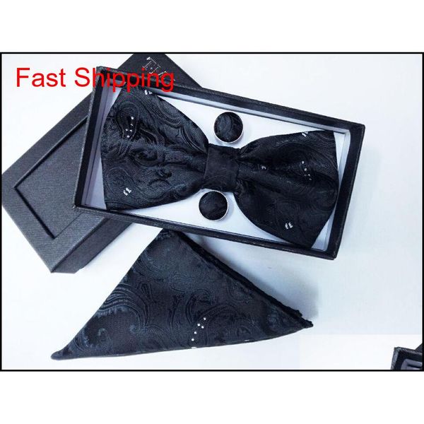 

100% silk men bowtie pocket square bow tie and handkerchief set hanky with cuff qylilb bdehome, Black;gray
