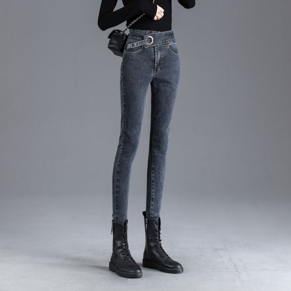 

winter fall women high waist straight jeans female streetwear skinny cropped denim trousers lady thin leggings pencil long pants y1214, Blue
