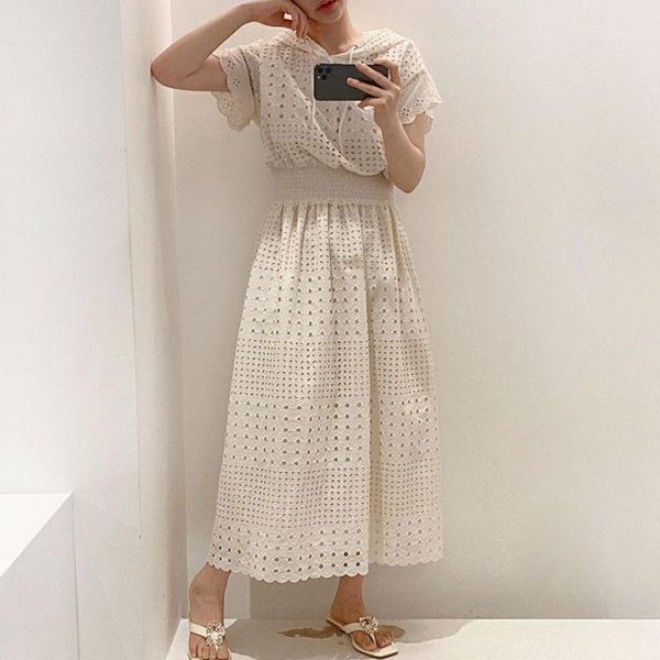 

ewq] 2020 new summer women vintage loose thin elegant hollow out with cap maxi dress simple fashion trend ladies robe1, Black;gray