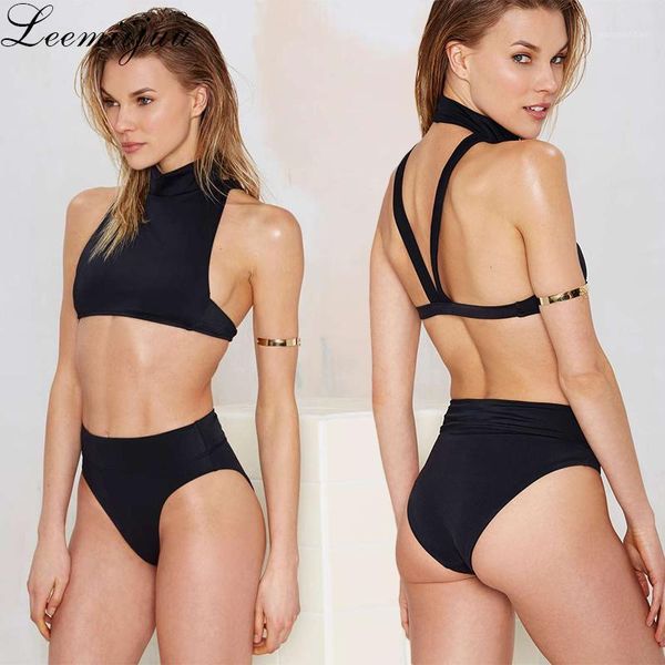 

leemiijuu high waist women swimwear turtle neck black bikinis push up bathing suit swim summer beachwear brazilian bikini set1, White;black