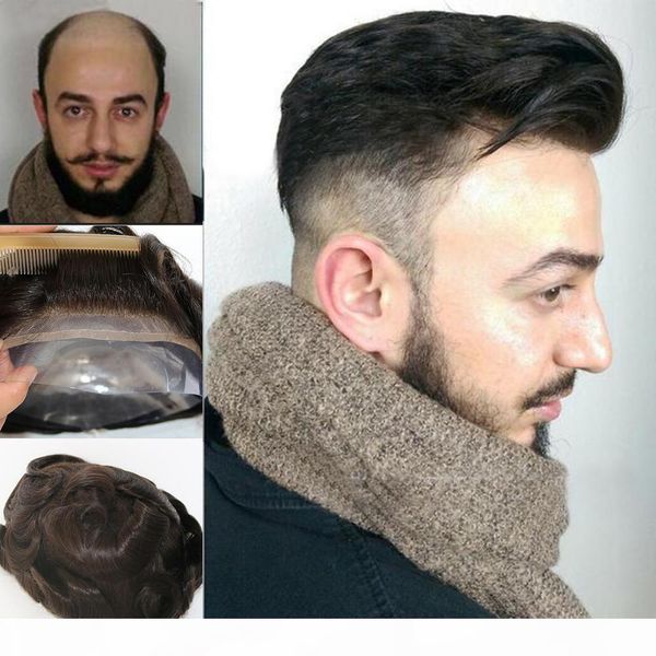 

100% swiss french lace q6 base male toupee system for men bleached tiny knots hair replacement system, Black