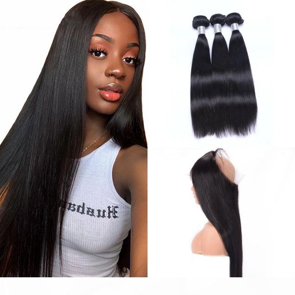 

indian straight hair bundles with 360 lace frontal natural color human hair weave bundles with closure swiss lace, Black;brown