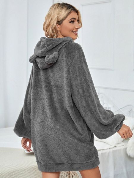 

lantern sleeve 3d ear design coral fleece hoodie dress 46lx#, White;black