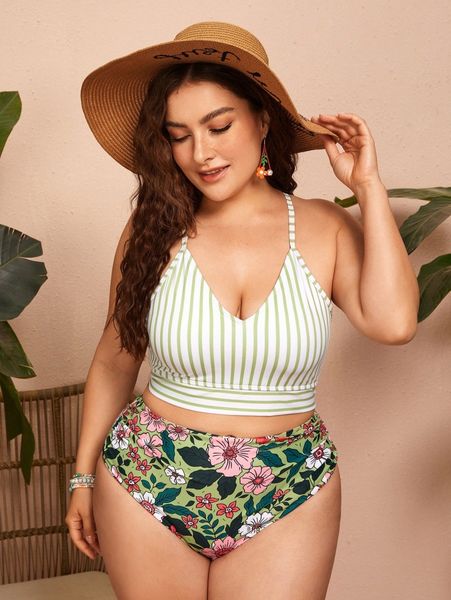 

plus striped & floral print cross back bikini swimsuit p2yu#, Black